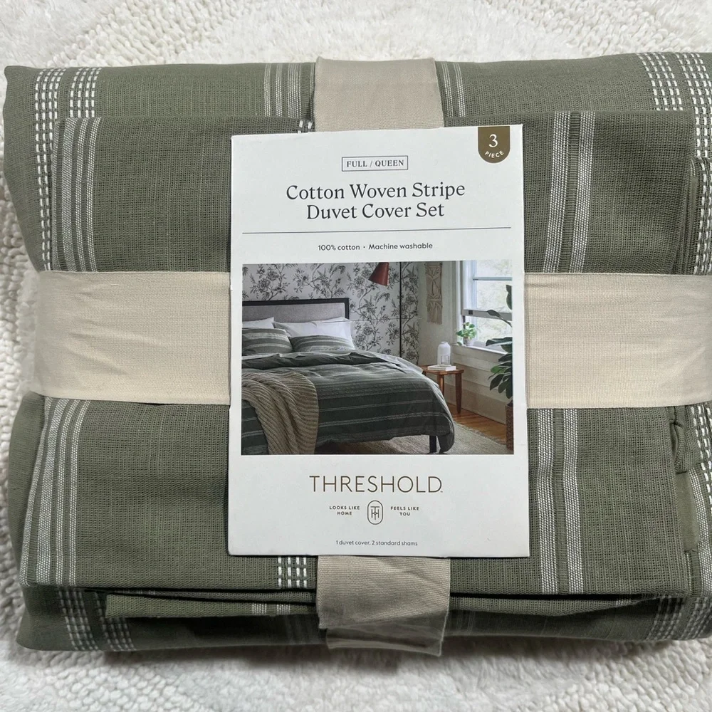 Full/Queen Cotton Woven Stripe Duvet Cover Sham Set Moss Green/White Threshold